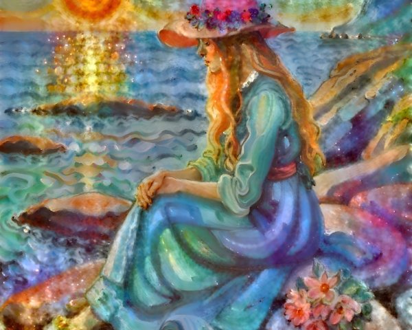 Young Woman by Ocean at Sunset with Flowers