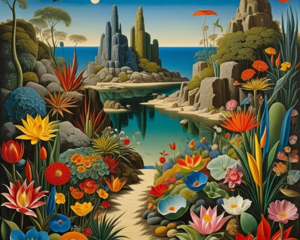 Vibrant Landscape with Flowers and Serene Waterway