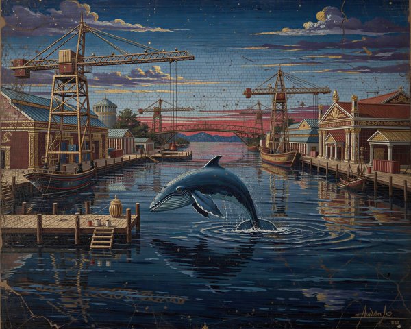 Mosaic Painting of a Dreamlike Night Harbor Scene