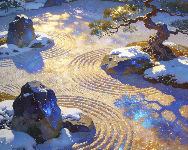 Winter Japanese Rock Garden with Snow and Golden Sands