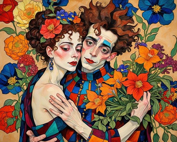 Couple Embracing in Colorful Floral Background