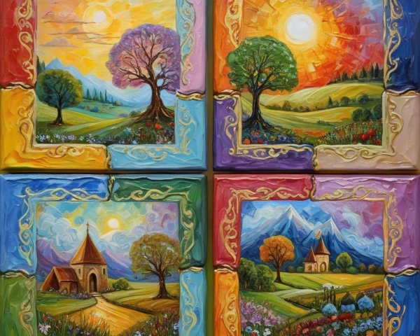 Vibrant Quadtych Oil Painting of Seasonal Landscapes