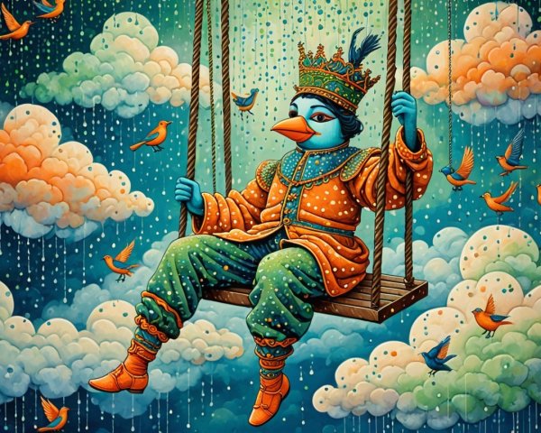 Blue Bird in Royal Attire on Swing Among Clouds