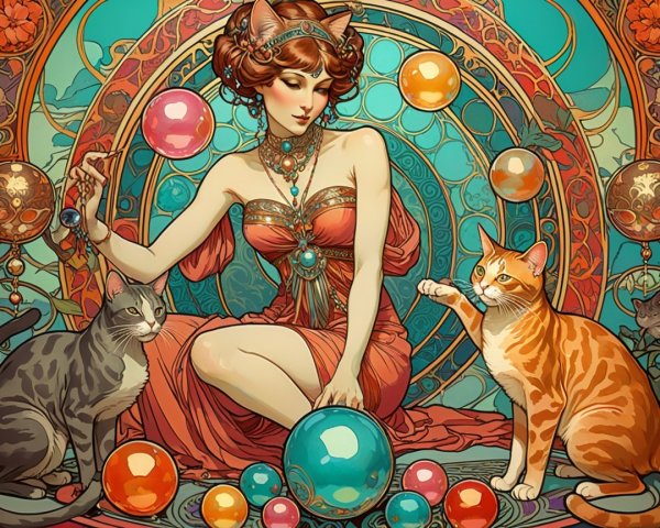 Whimsical Illustration of a Woman with Cats and Bubbles