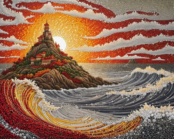 Vibrant Sunset Over Serene Coastal Landscape and Village