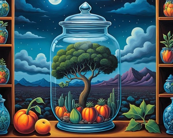 Miniature Landscape in a Glass Jar with Night Sky