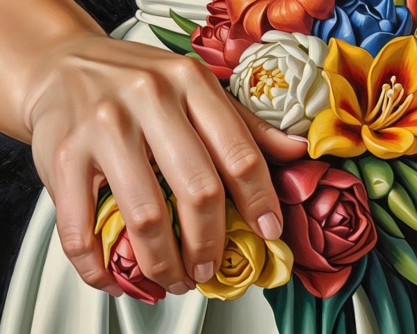 Close-up of a hand holding a colorful flower bouquet