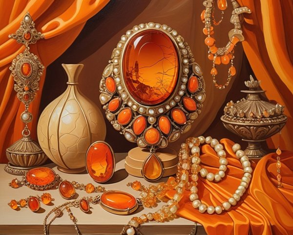 Vintage Jewelry Showcase with Amber and Pearl Accents