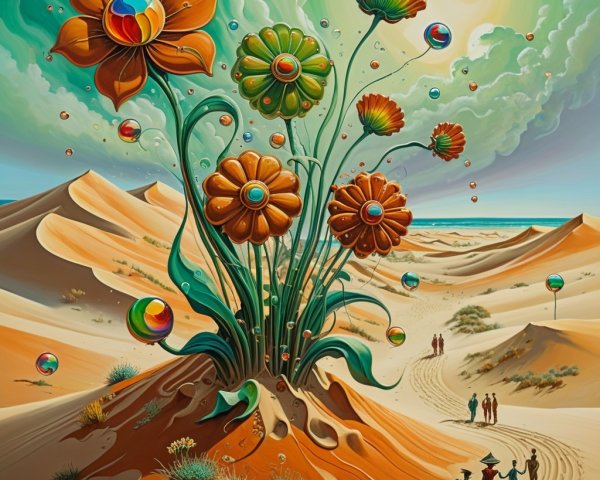 Vibrant Desert Scene with Whimsical Flowers and Bubbles