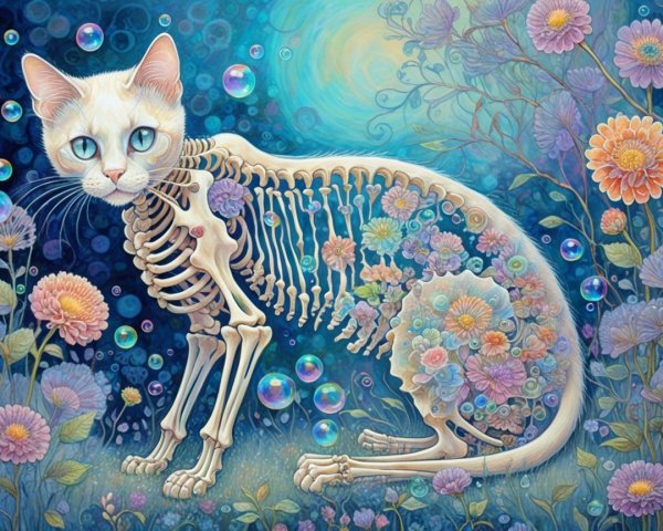 Surreal Artwork of a Cat with Skeleton and Flowers