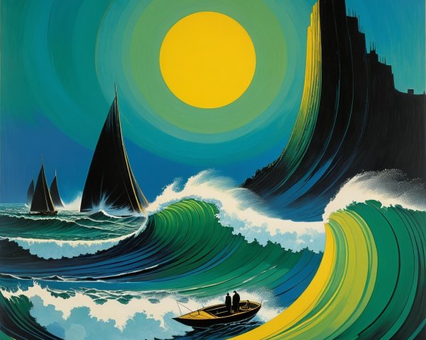 Vibrant Seascape with Waves and Silhouetted Figures