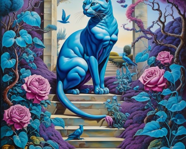 Surreal Landscape with Blue Cat and Vibrant Foliage
