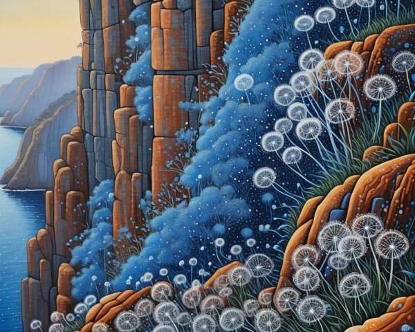 Vibrant Landscape with Cliffs, Water, and Dandelions