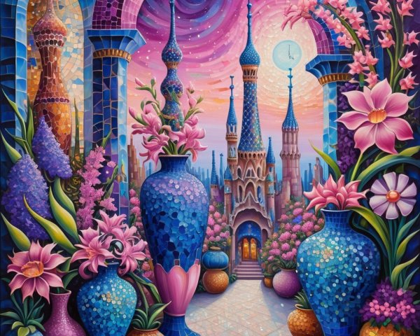 Whimsical Landscape with Mosaic Architecture and Flowers