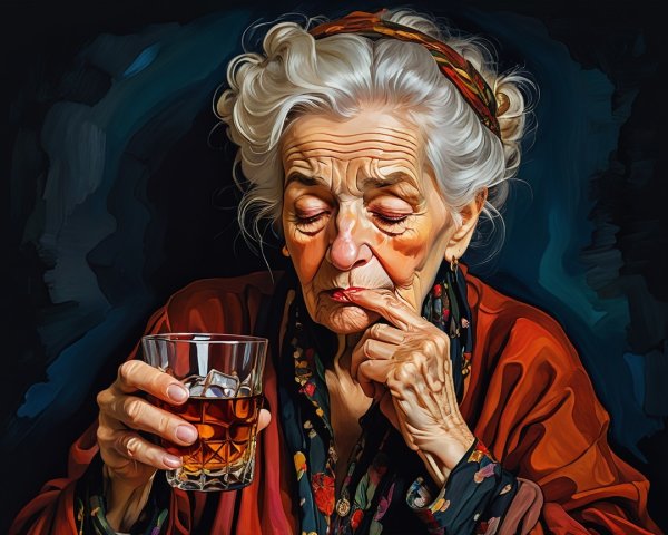 Elderly Woman in Vibrant Shawl Contemplating Drink