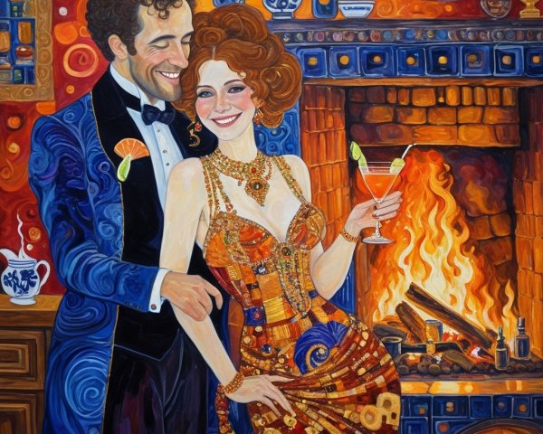 Colorful Painting of Couple by Fireplace in Celebration