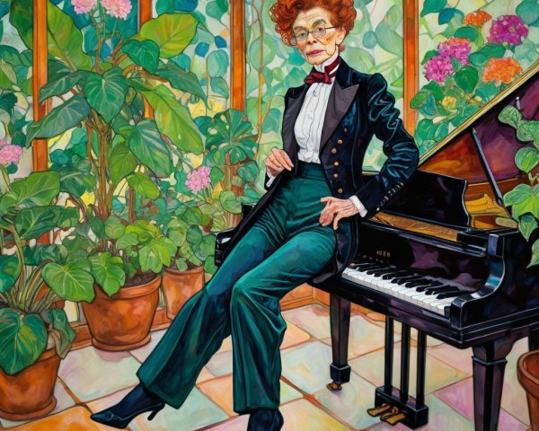 Elderly Woman in Tuxedo at Grand Piano in Conservatory