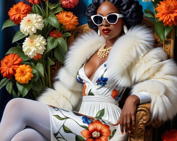 Glamorous Woman in Floral Dress and Elegant Setting