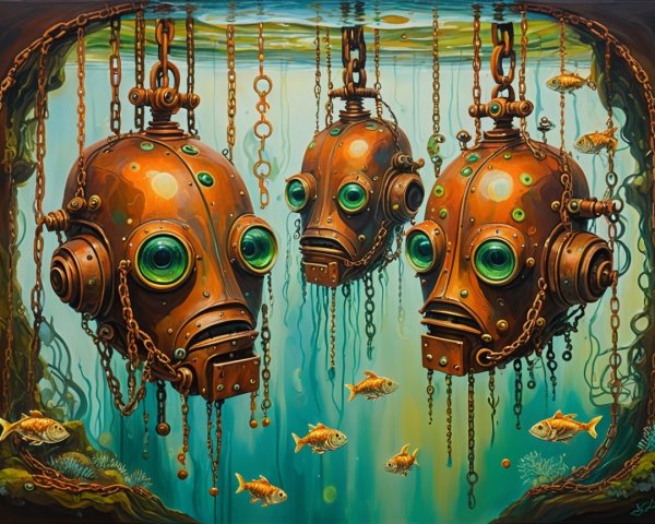 Vintage Diver Helmets in Vibrant Underwater Scene