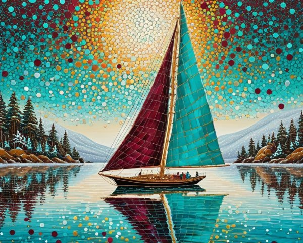 Mosaic Digital Painting of Sailboat on Calm Lake
