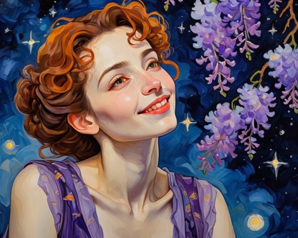 Young woman in lavender dress under starry night sky