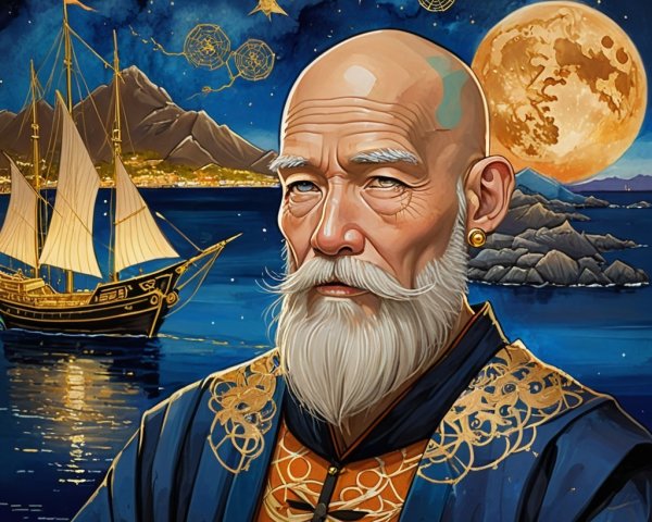 Elderly Man in Blue Robe Against Serene Night Landscape