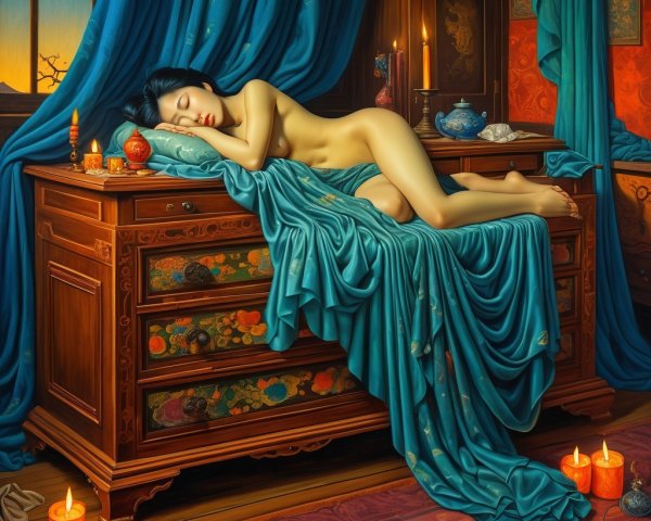 Serene Scene of a Woman Sleeping in Candlelit Room