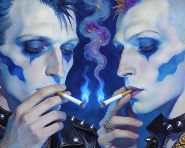 Close-Up Painting of Two Male Figures with Makeup