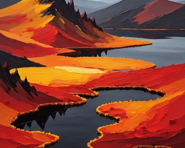 Vibrant Landscape Painting of River and Mountains