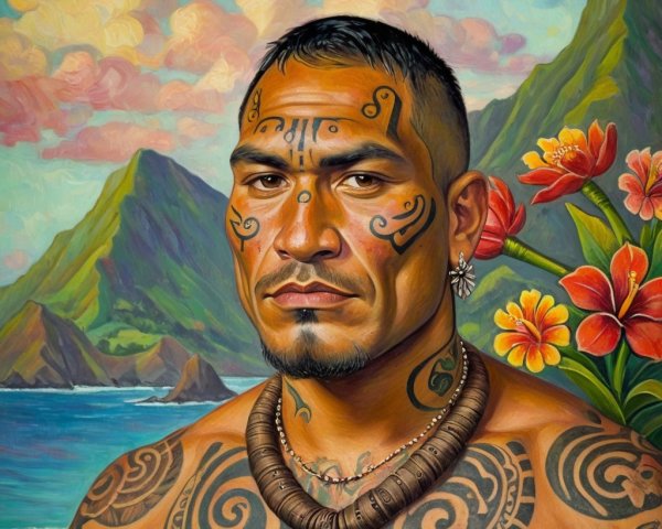 Muscular Man with Facial Tattoos in Tropical Landscape