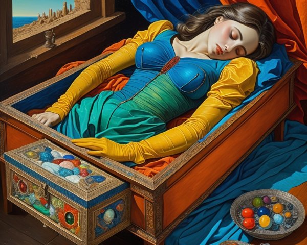 Serene Woman in Drawer with Vibrant Fabrics and Gems