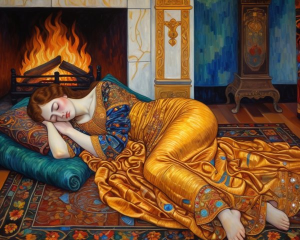 Serene Woman in Golden Gown Sleeping by Fireplace