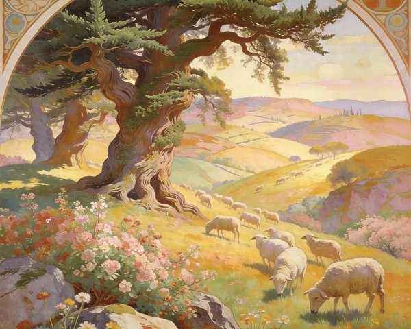 Pastoral Oil Painting of Idyllic Landscape with Sheep