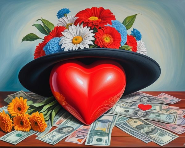 Vibrant Heart and Flowers with Stacks of Money