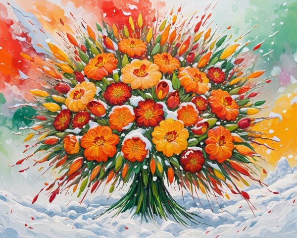 Vibrant Bouquet of Orange and Red Flowers with Snow