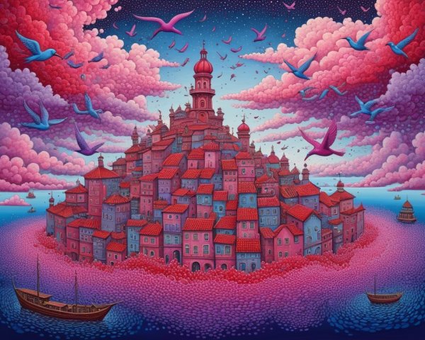 Vibrant Island City Surrounded by Dreamlike Clouds