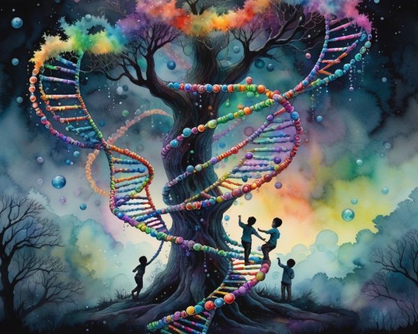 Surreal Tree and DNA Helix in Cosmic Colors