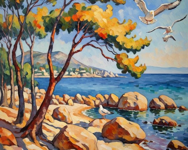 Vibrant Coastal Scene with Trees and Serene Beach