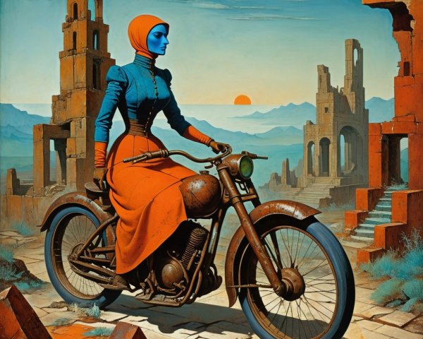 Woman with blue skin on motorcycle in desolate ruins