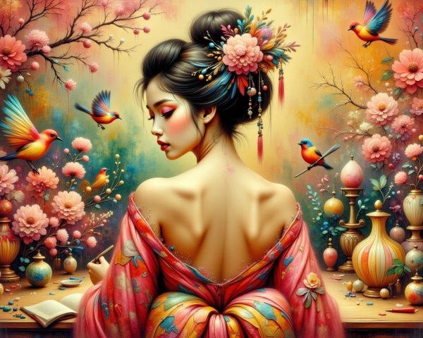 Graceful Woman in Floral Kimono Surrounded by Blossoms