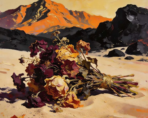 Impressionistic Oil Painting of Withered Bouquet and Mountains