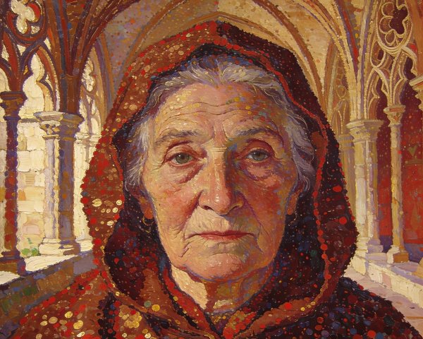 Elderly Woman in Red Hooded Robe Painting Description