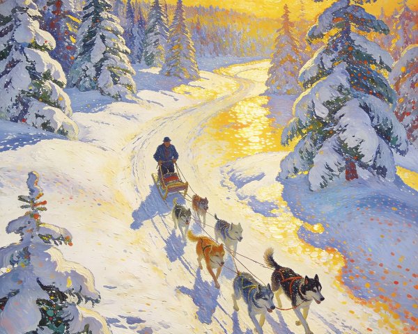 Oil Painting Depicting Mushing in Snowy Forest at Sunset