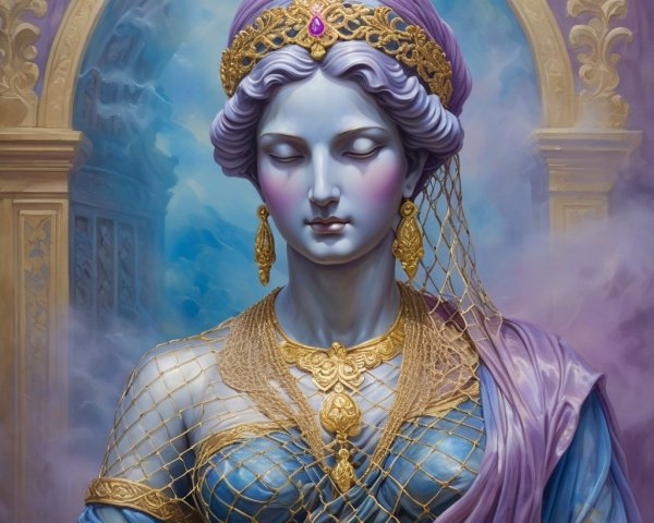 Goddess in Purple and Blue Robe with Golden Accents