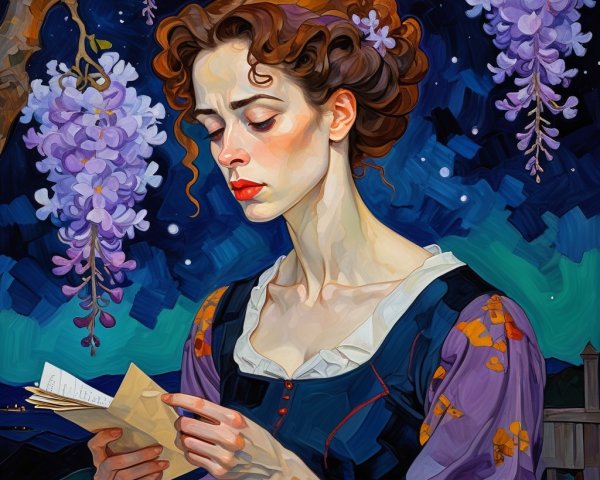 Young woman in vintage gown under wisteria tree