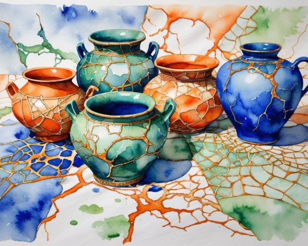 Collection of Five Kintsugi Pottery Jars with Colors