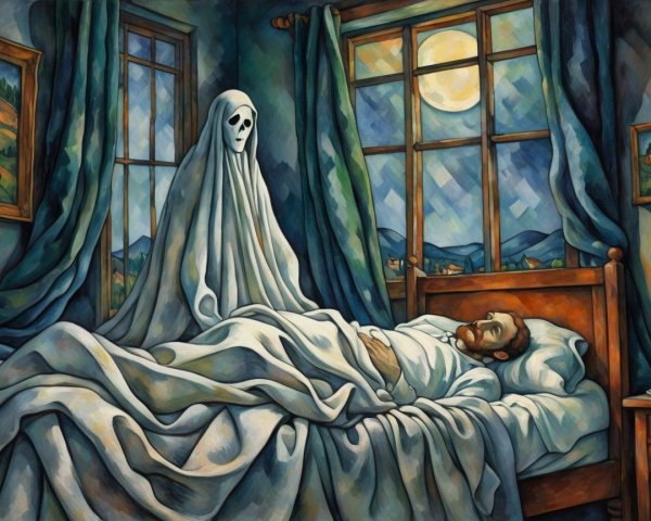Ghostly Figure in Dimly Lit Bedroom with Moonlight