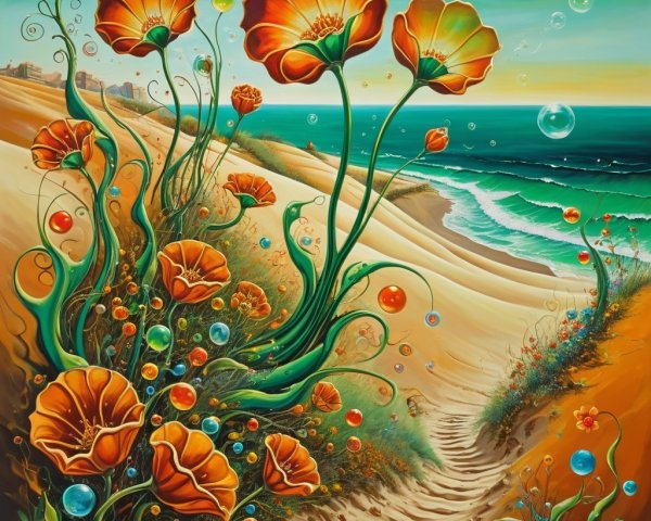 Orange Poppies and Serene Coastline at Sunset