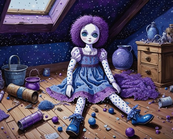 Whimsical Attic Scene with Doll and Craft Supplies