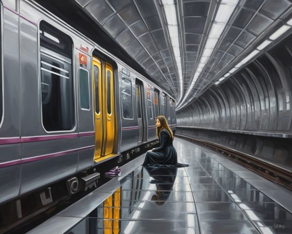 Woman in Black Dress in Dim Subway Station Scene